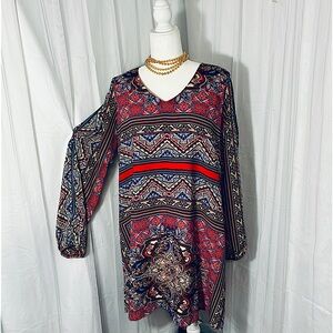 Cato Boho Geometric Print shift Dress with slit sleeve accent. Red shift slip.